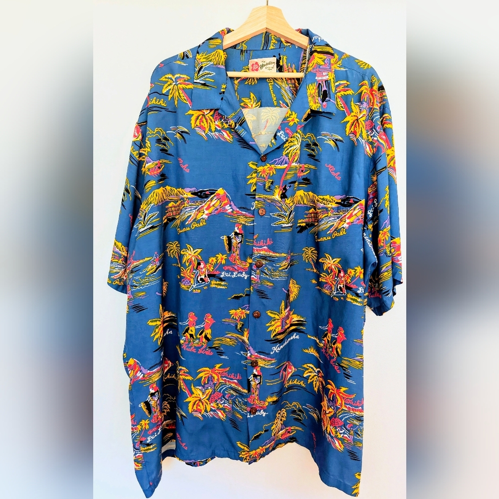 Vintage Hilo Hattie Hawaiian Shirt Size 4XL Blue Hula Girls Nuuanu Pali 70s Rare